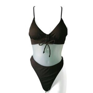 Drawstring Front Criss Cross Back Black Bikini Set Sz M